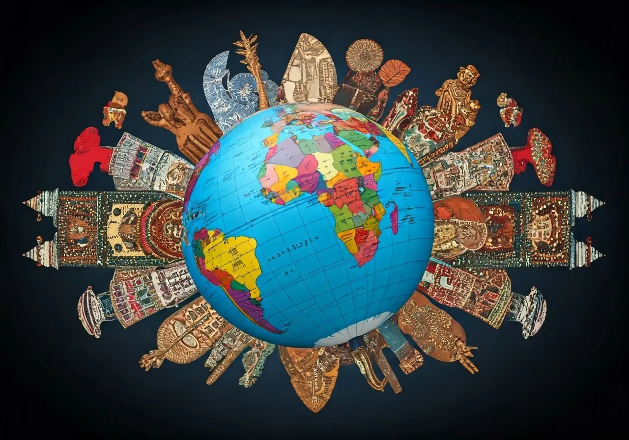 A globe surrounded by various cultural symbols and icons. 35mm stock photo