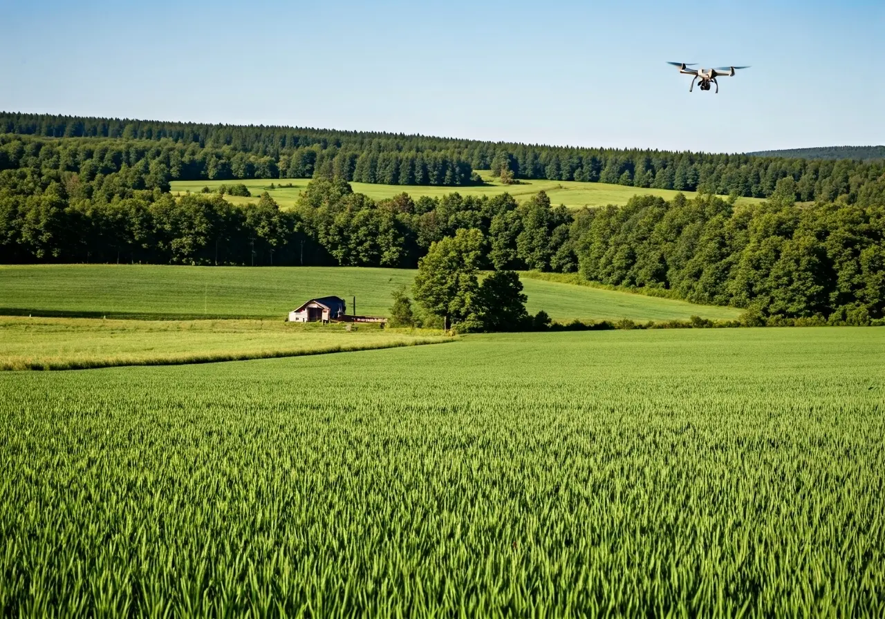 A drone flying over a small, lush green farm. 35mm stock photo