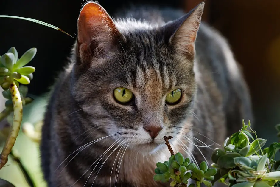 Close-up portrait of a tabby cat among succulent greenery in South Africa.