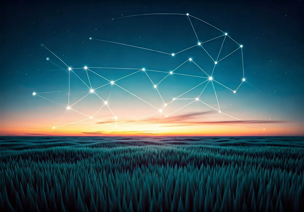 A serene landscape with interconnected glowing constellation lines. 35mm stock photo