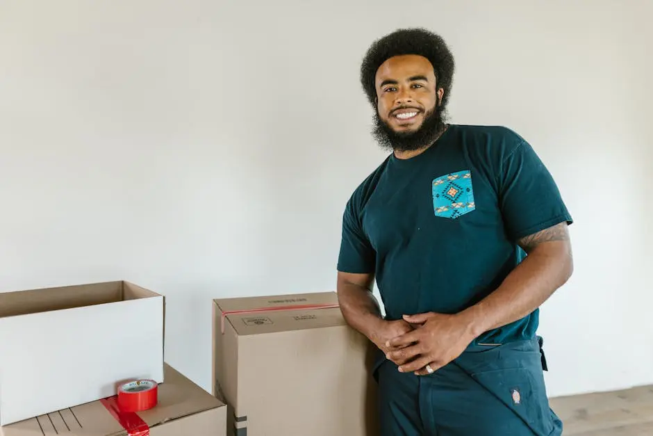 A cheerful man with afro hair standing next to moving boxes indoors, smiling.