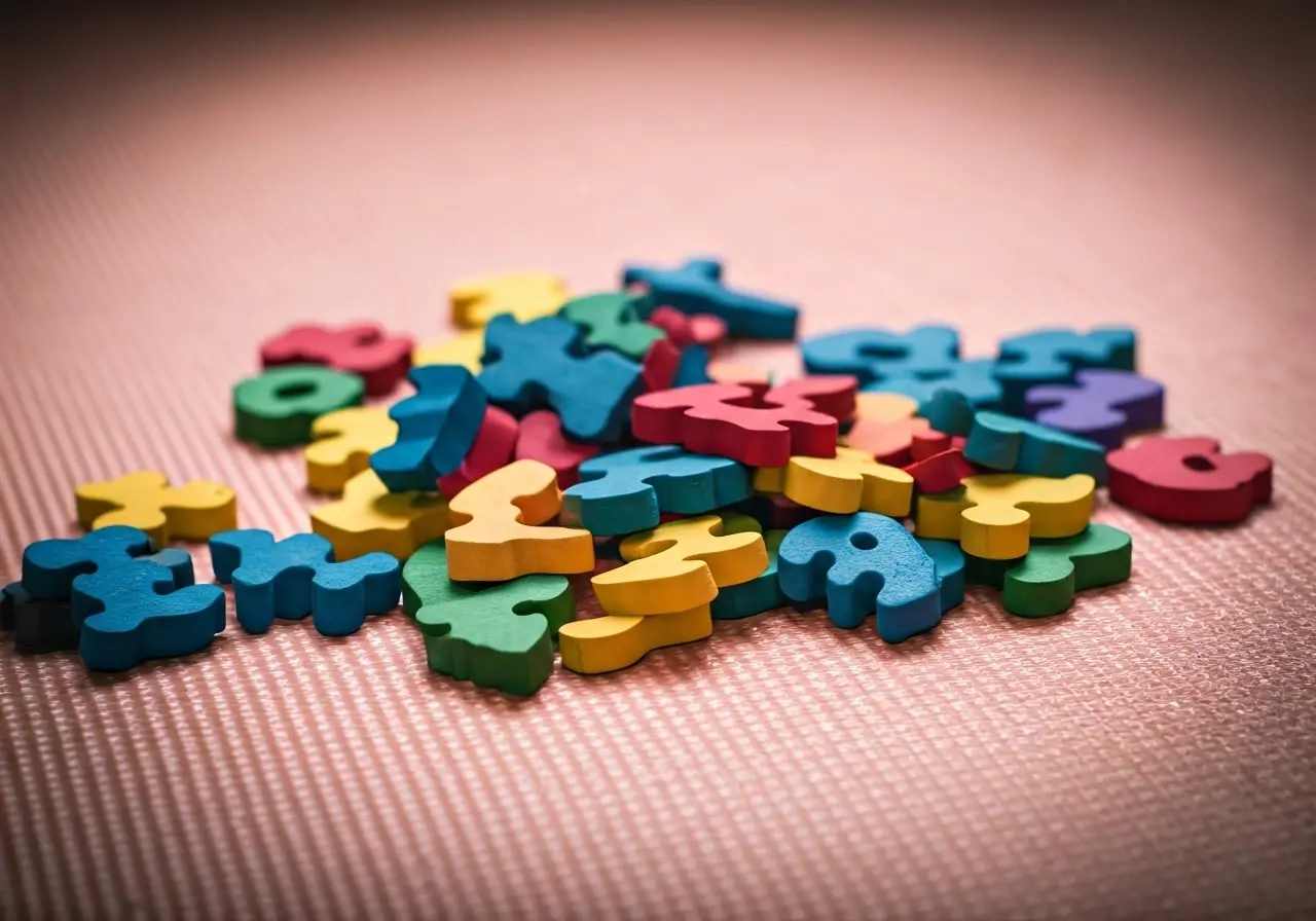 A colorful wooden puzzle scattered on a soft play mat. 35mm stock photo