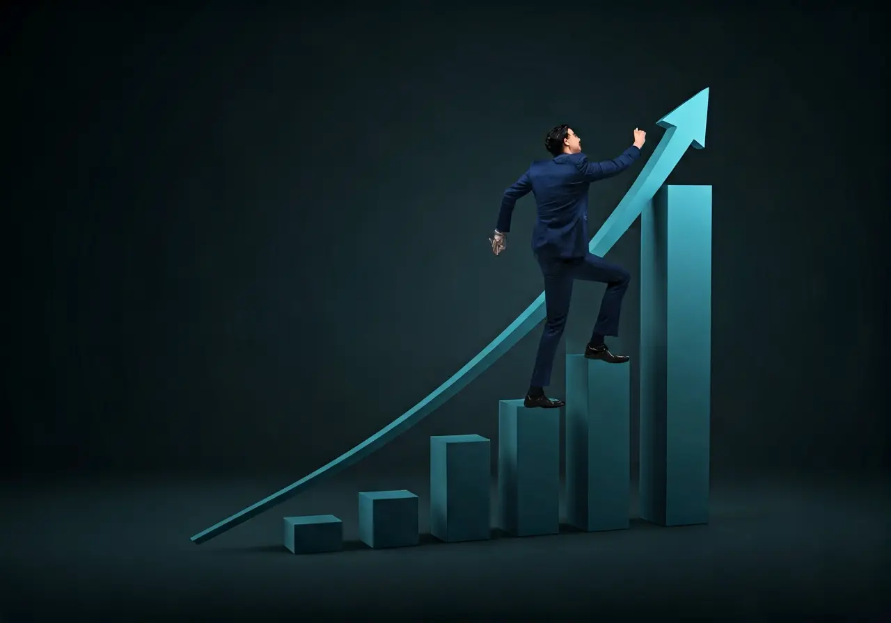 A businessman climbing a bar chart with an upward arrow. 35mm stock photo