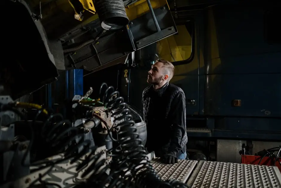 A truck mechanic carefully examines an engine inside a garage shop.