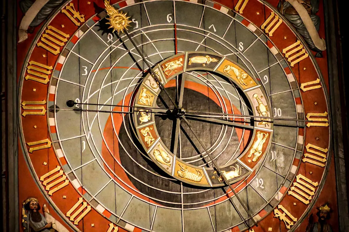 Detailed view of the astronomical clock with zodiac symbols in Lund Cathedral, Sweden.