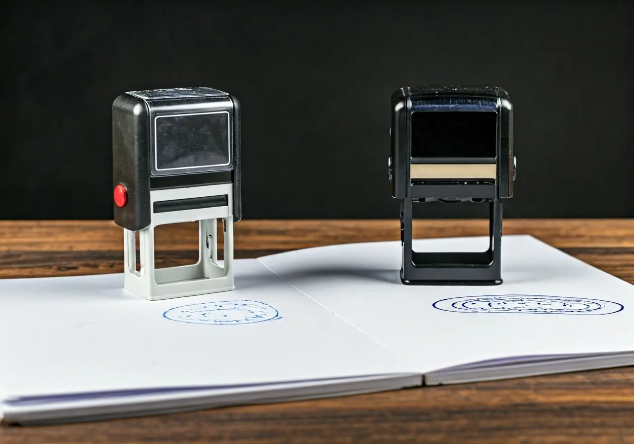A comparison of self-inking and traditional stamps on paper. 35mm stock photo