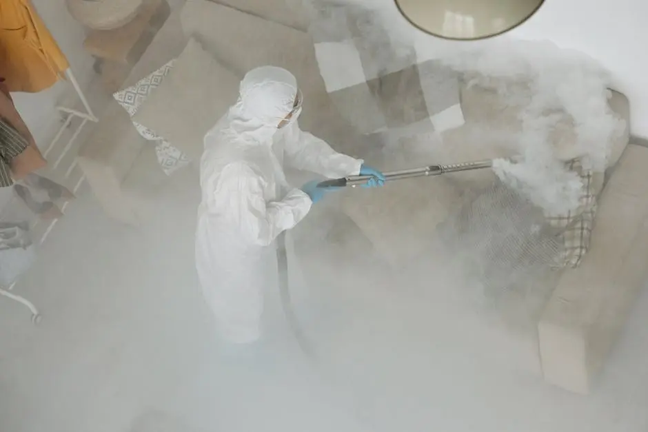 Technician in protective gear sanitizing a living room with smoke fumigation.