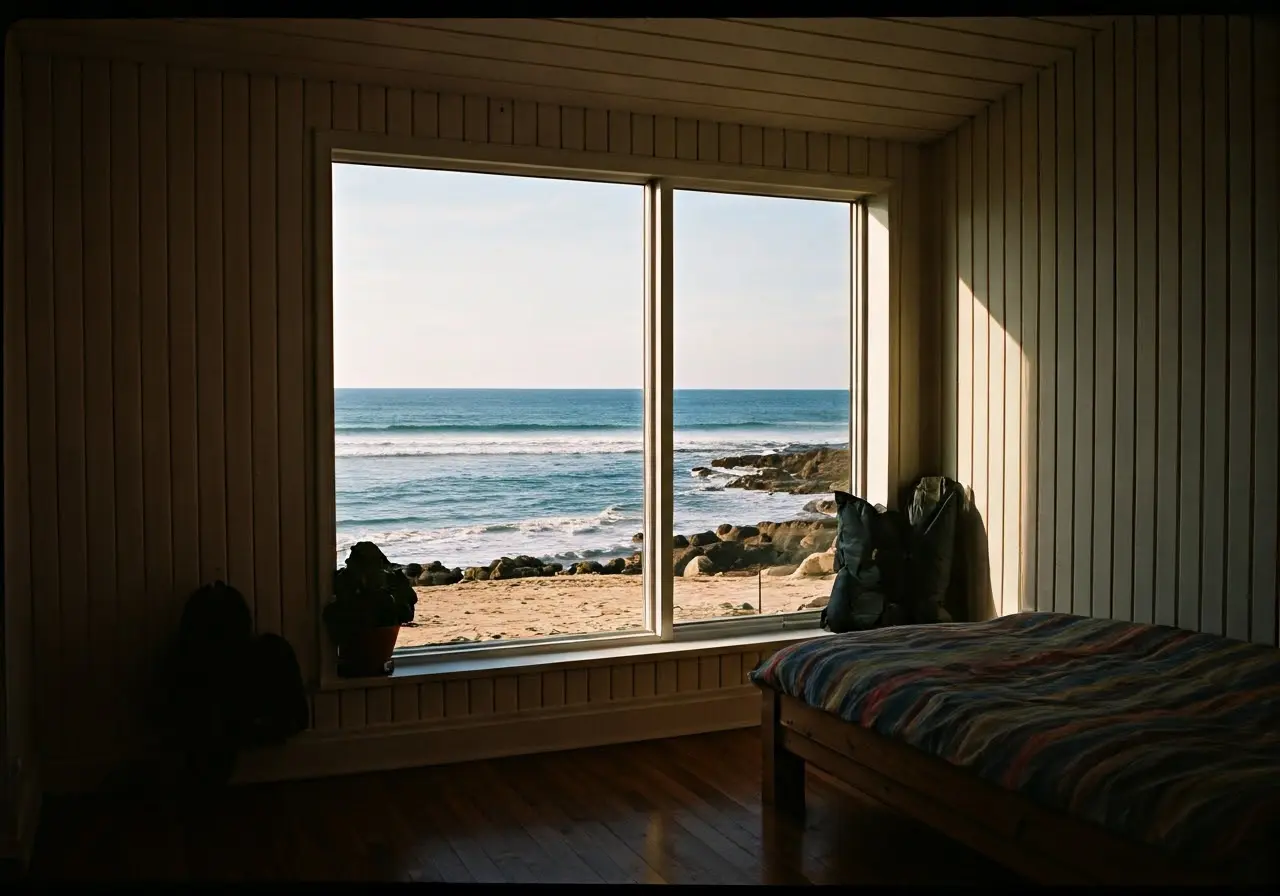 A cozy, well-decorated vacation rental with ocean view windows. 35mm stock photo