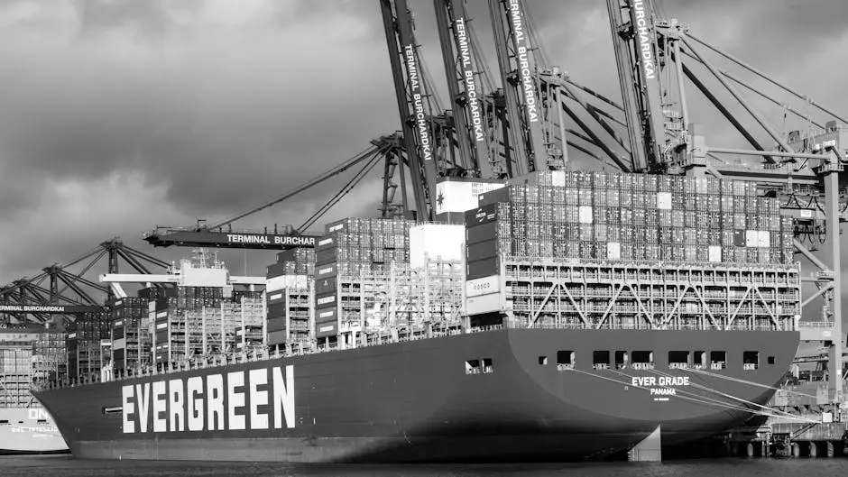 Large container ship docked at Terminal Burchardkai in Hamburg, showcasing global logistics.