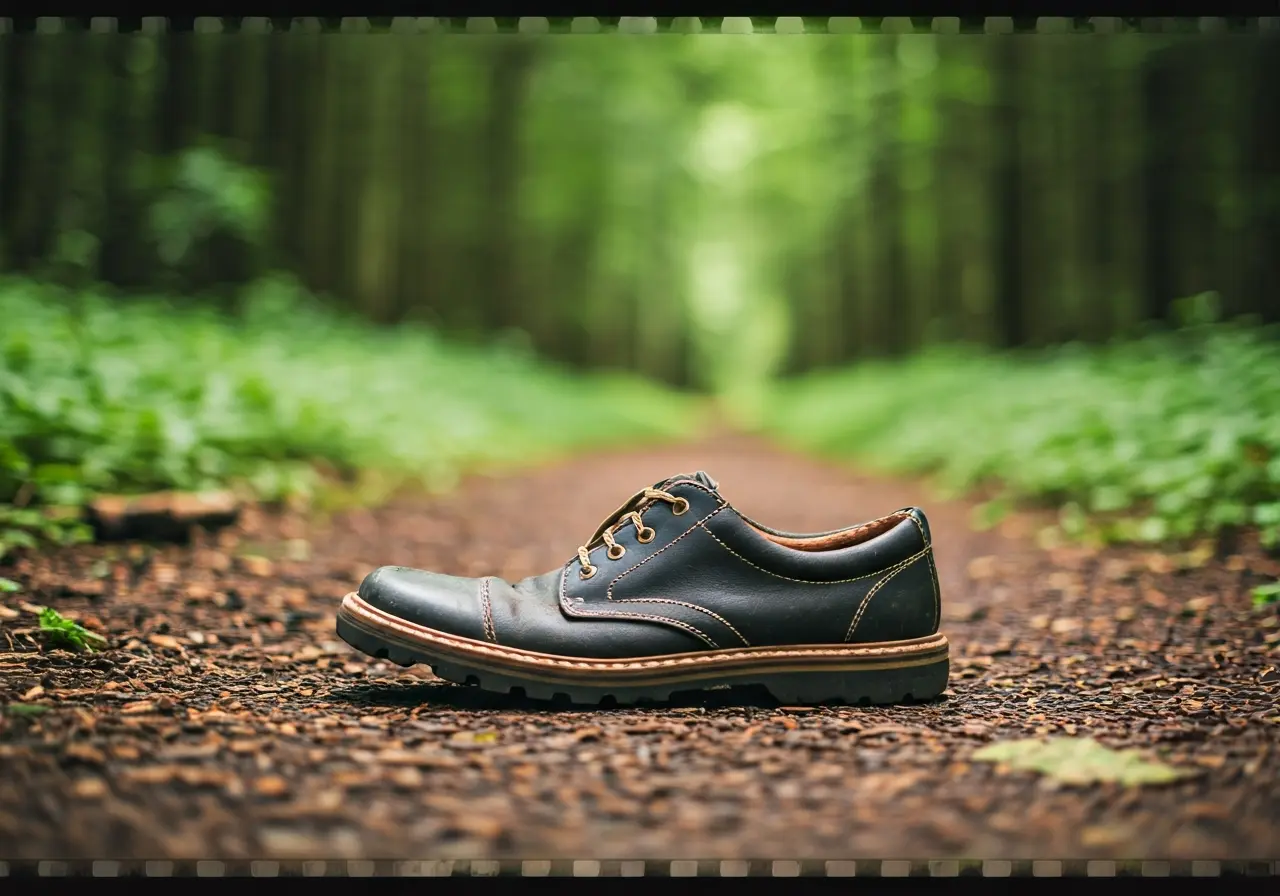 A pair of grounding shoes on a lush forest path. 35mm stock photo