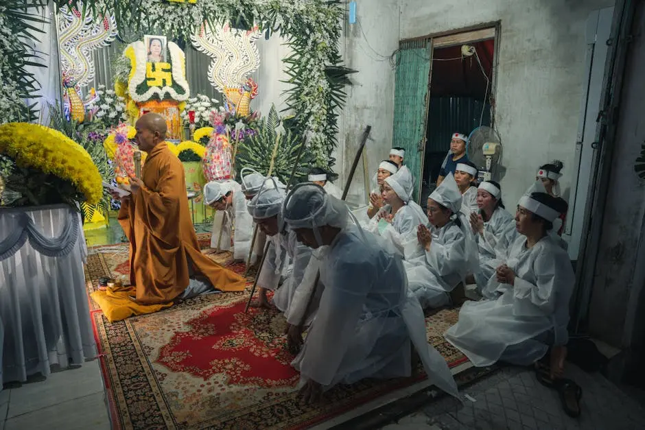 People in traditional attire participate in a cultural funeral ceremony with floral tributes and religious rituals.