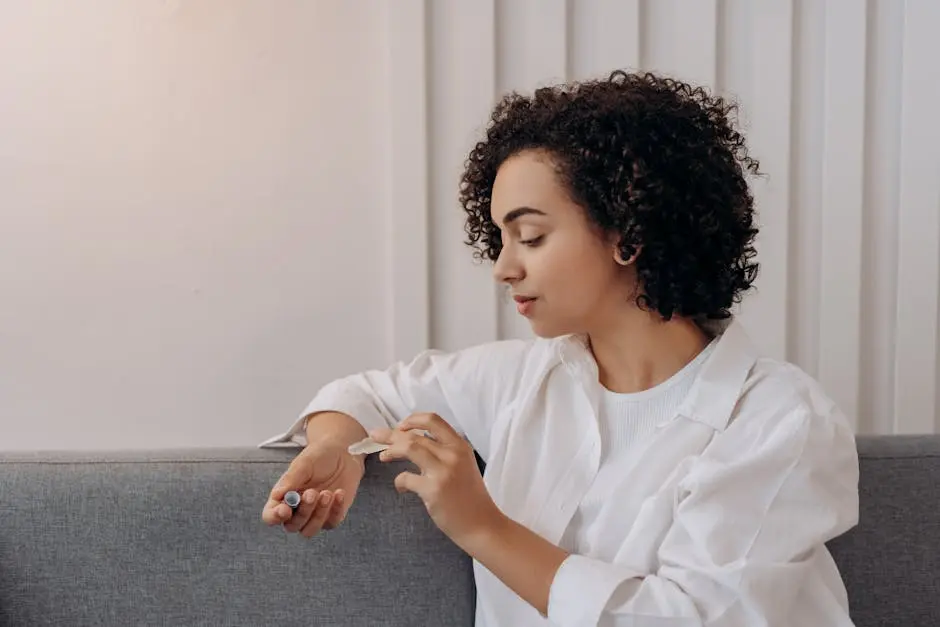 A young woman applies essential oil while relaxing indoors, promoting wellness and self-care in a calming environment.