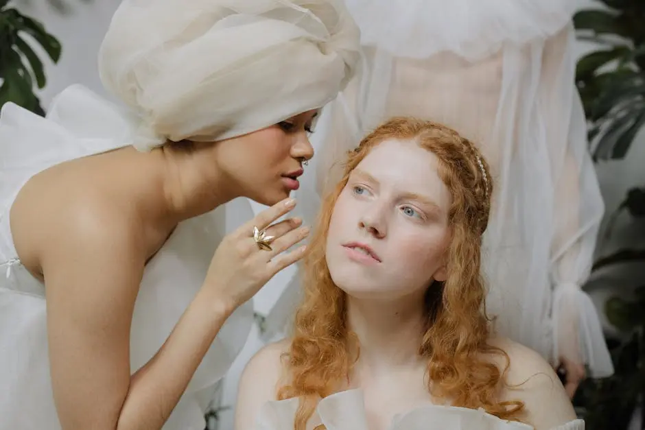A close-up of two women in elegant white dresses, sharing a quiet moment indoors.