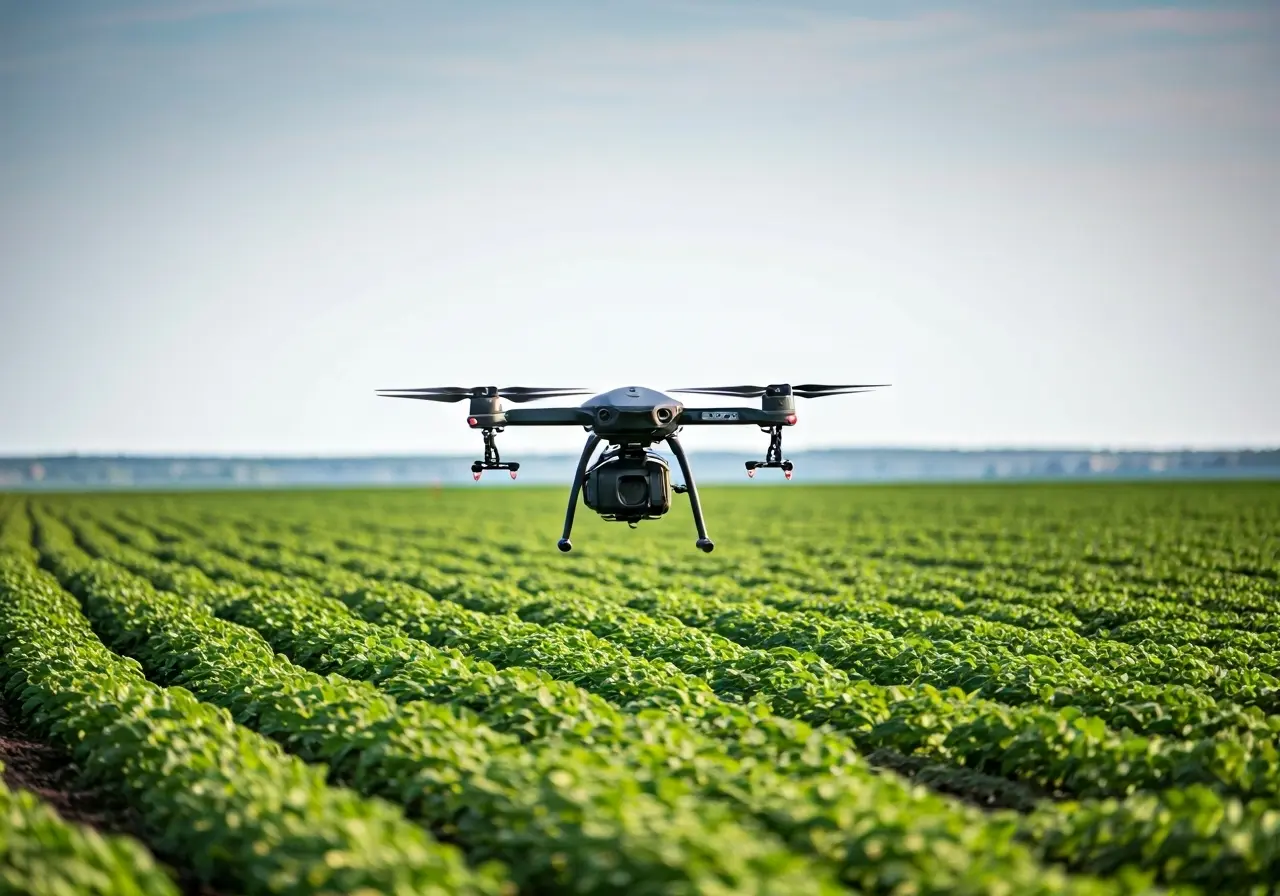 A drone spraying crops in a vast agricultural field. 35mm stock photo