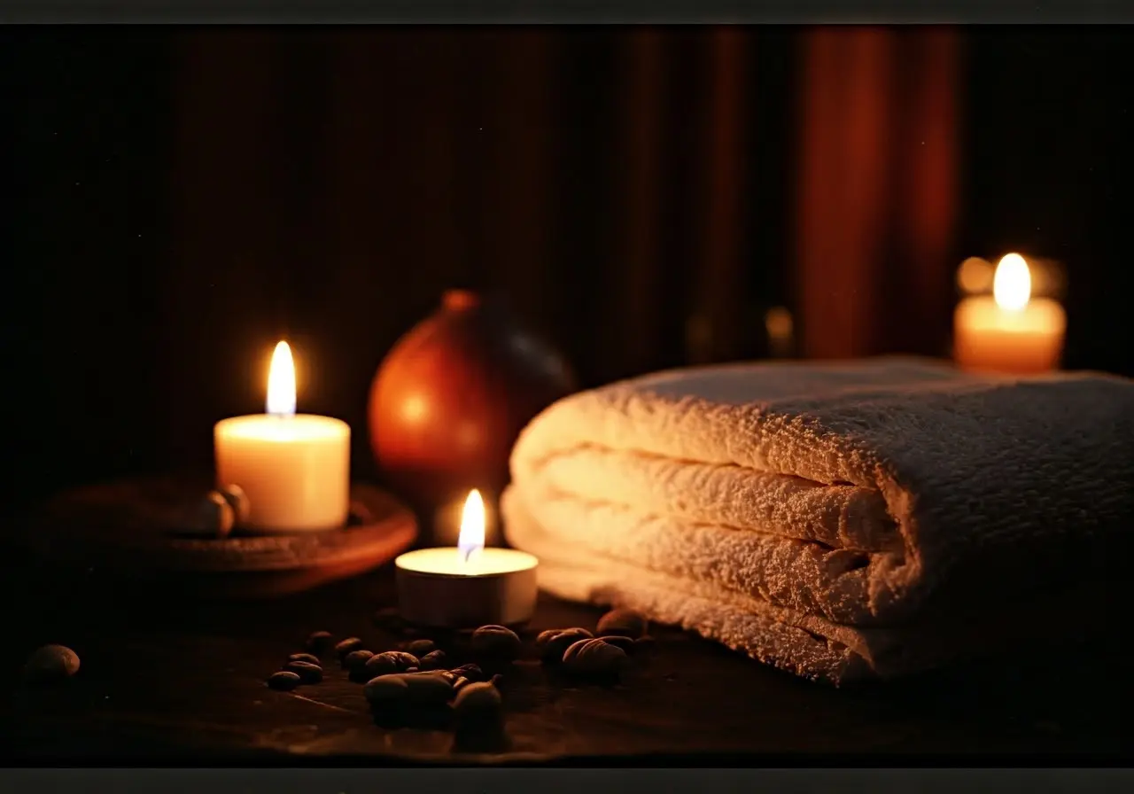 A serene spa setting with lit candles and soft towels. 35mm stock photo