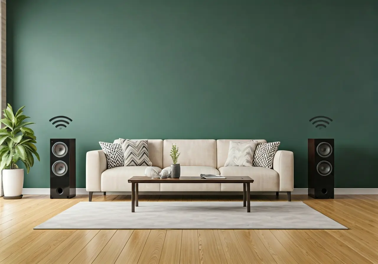 A modern living room with wireless rear speakers installed. 35mm stock photo