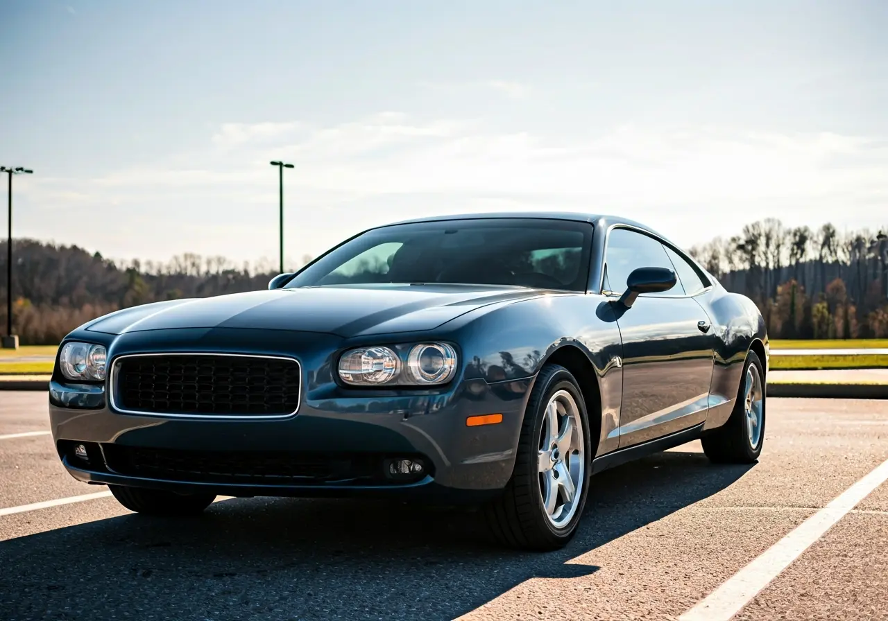 A gleaming car reflects sunlight in a Kernersville parking lot. 35mm stock photo