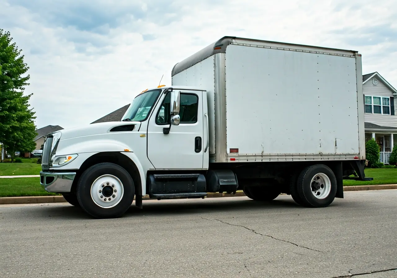 A moving truck parked in a suburban Maryland neighborhood. 35mm stock photo