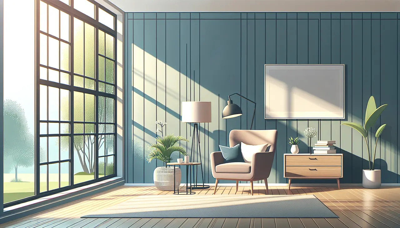 Draw a graphic in flat design style. A modern, stylish room with a minimalist design showing a cozy reading nook, large windows, and sleek furniture, capturing current home remodeling trends.