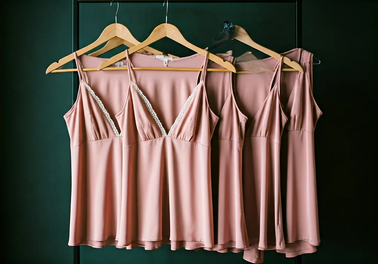 A collection of luxurious silk bridesmaid pajamas on hangers. 35mm stock photo