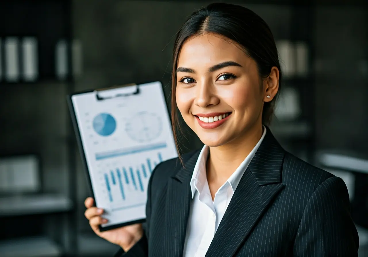 A businesswoman confidently presenting a sales chart in office. 35mm stock photo