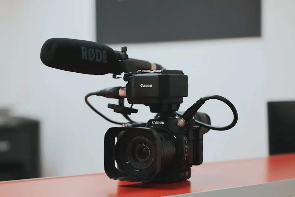 Close-up of a professional video camera setup with Rode microphone on a desk.