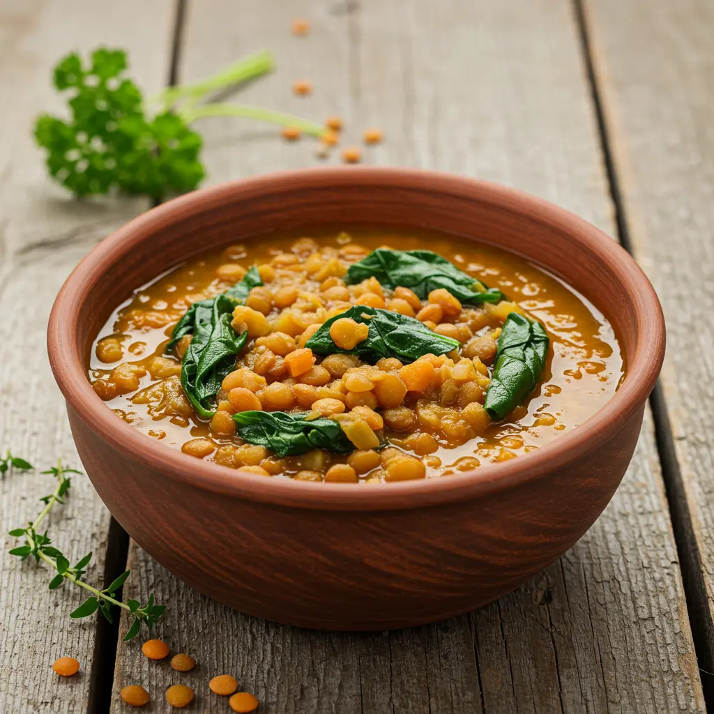 Bowl of delicious lentil soup with fresh spinach sprinkled on top.