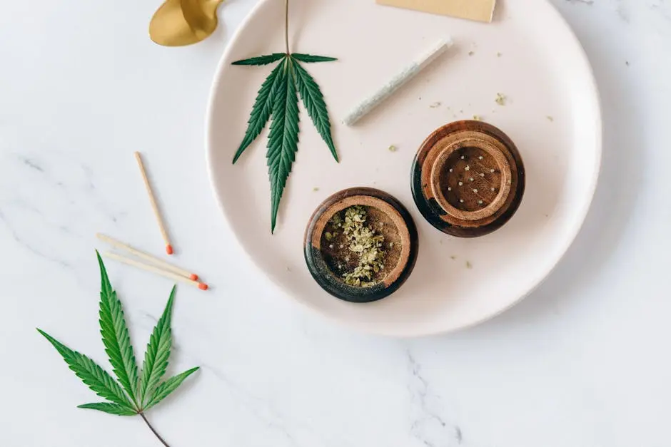 Top view of cannabis leaves, grinder, and joint on a white plate, perfect for lifestyle or medical themes.