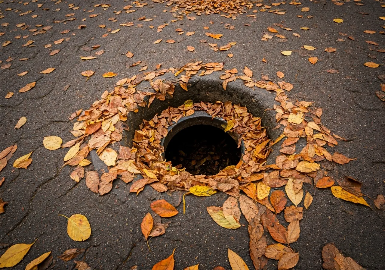 A clogged street drain surrounded by fallen leaves. 35mm stock photo