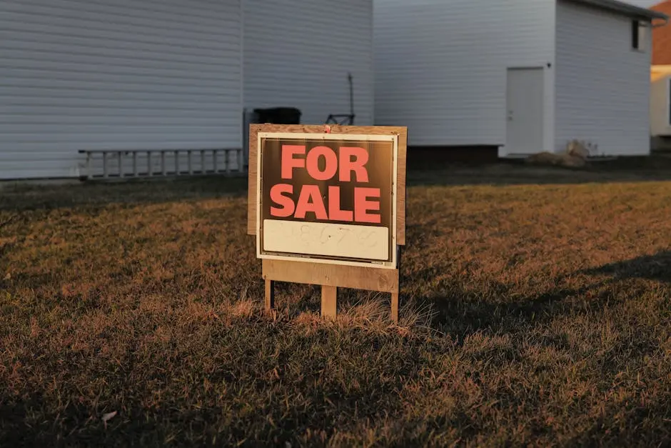 Close-up of a ‘For Sale’ sign in a suburban yard, indicating a property for sale.