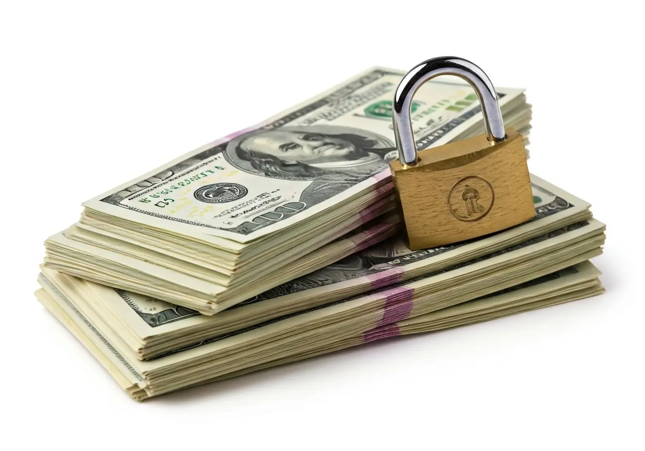 A pile of cash next to a secured padlock. 35mm stock photo