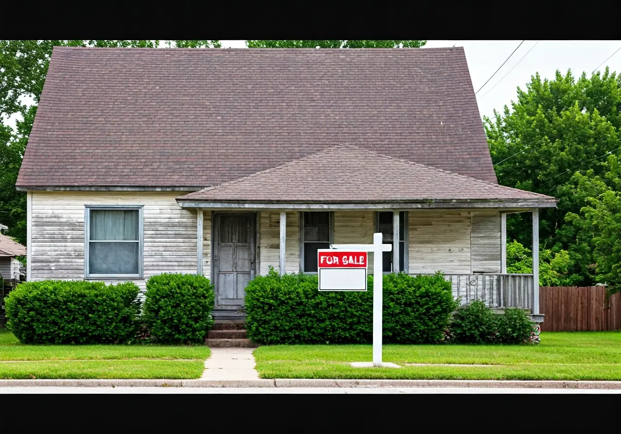 A rundown house with a For Sale sign in front. 35mm stock photo