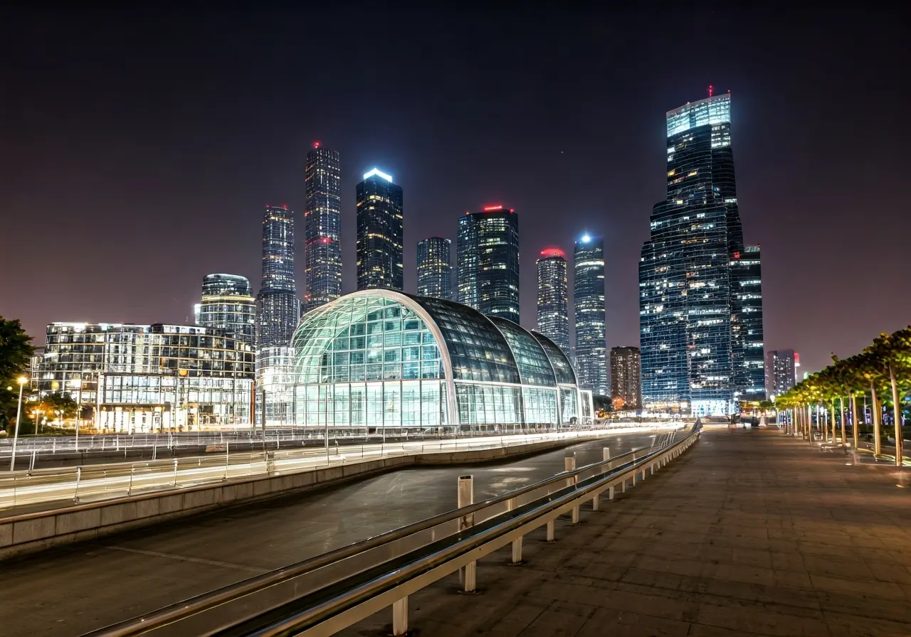 A modern cityscape with futuristic, energy-efficient buildings at night. 35mm stock photo