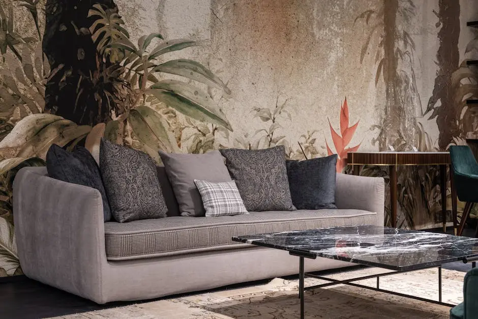 A stylish living room featuring a contemporary sofa and artistic floral wall design.