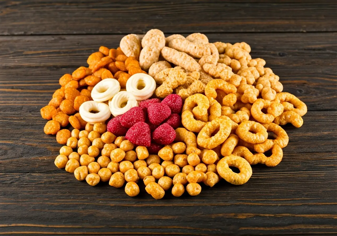 An assortment of colorful snacks on a rustic wooden table. 35mm stock photo
