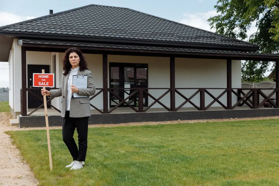 Real estate agent standing outside a house with a ‘Home for Sale’ sign on a grassy lawn.