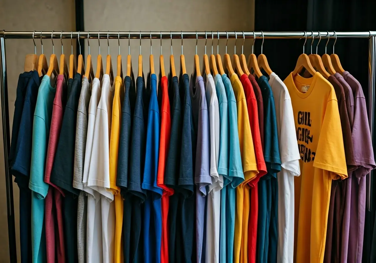 A colorful clothing rack with various humorous graphic t-shirts. 35mm stock photo