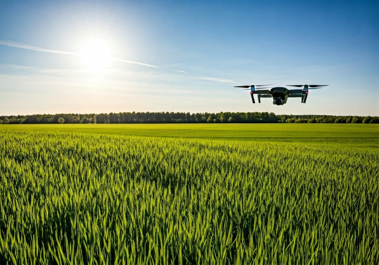 A drone hovering over a green field on a sunny day. 35mm stock photo