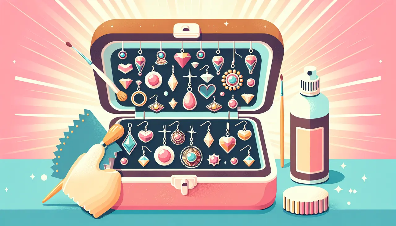 Draw a graphic in flat design style. A flat design illustration of a jewelry box with neatly arranged handmade earrings, a polishing cloth, and mild cleaning solution beside it, against a soft pastel background.