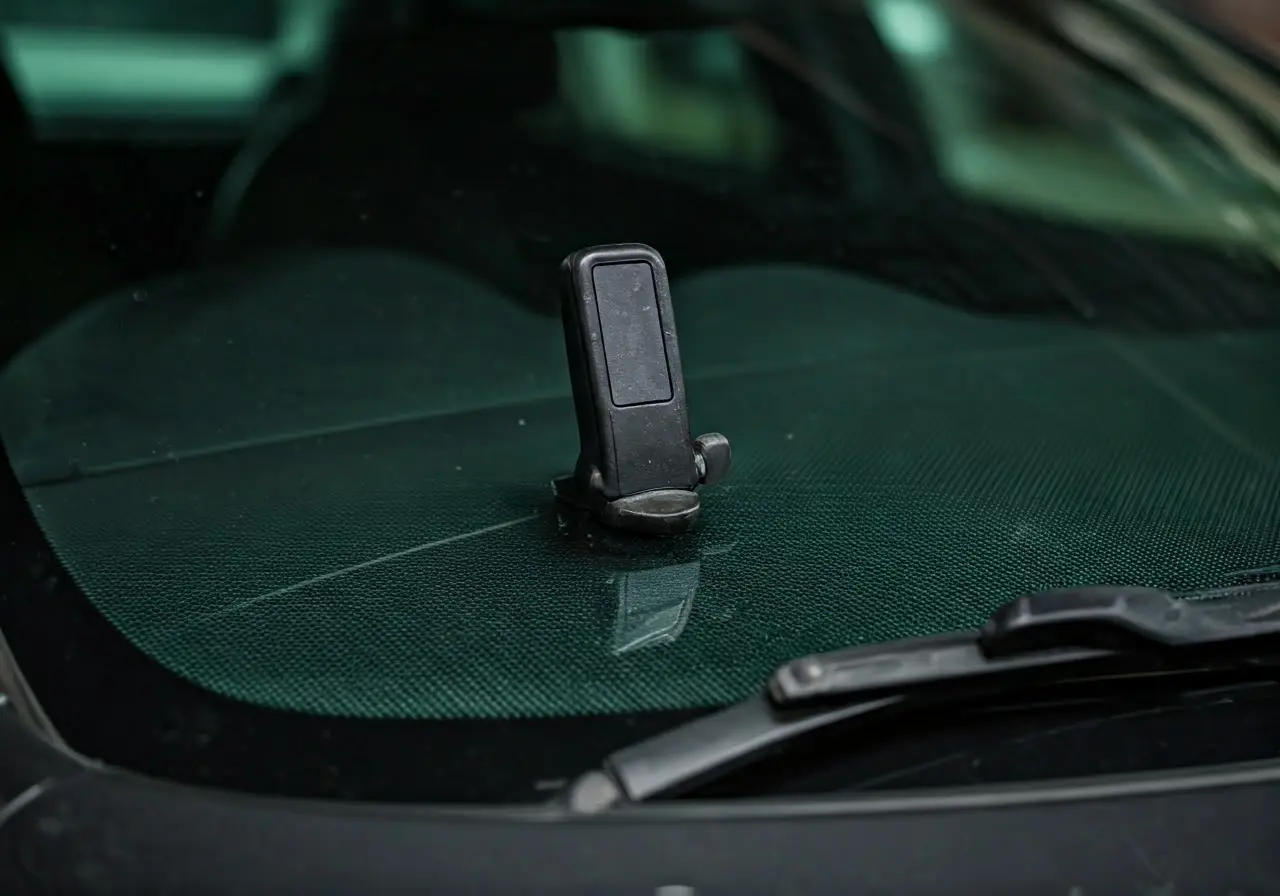 A close-up of a car windshield with calibration tools. 35mm stock photo