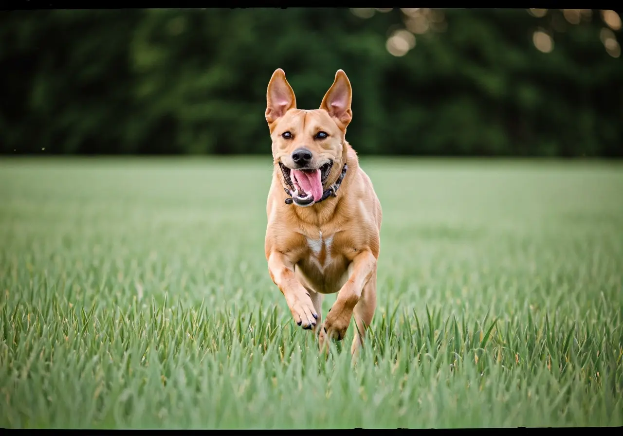 A happy dog running through a field in Madison, WI. 35mm stock photo
