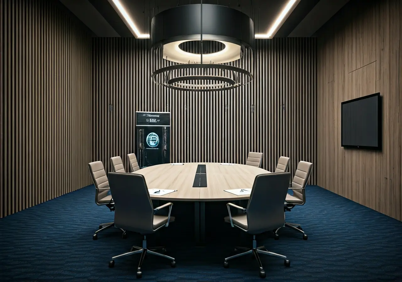 A modern conference room with sleek digital meeting technology. 35mm stock photo
