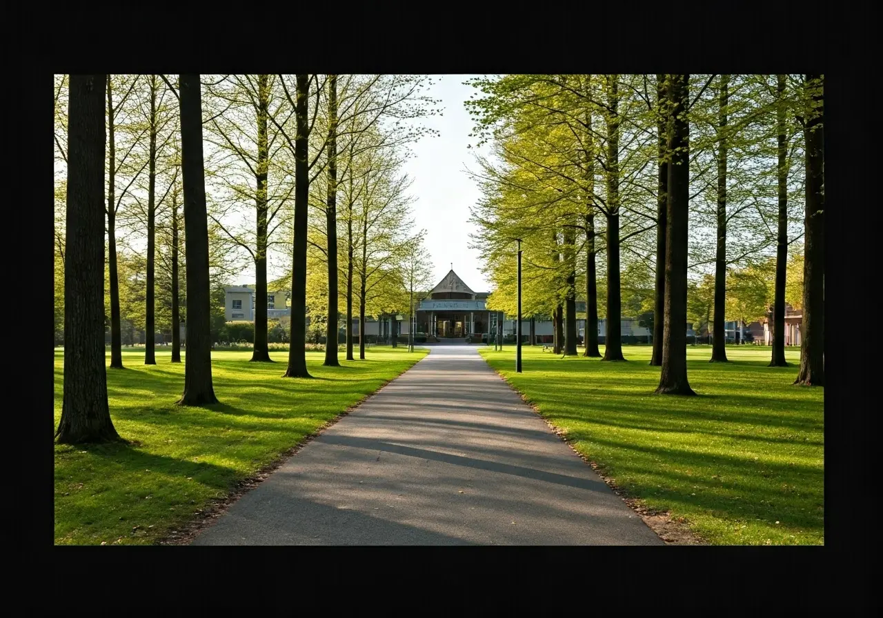A serene nature path leading towards a rehabilitation center. 35mm stock photo