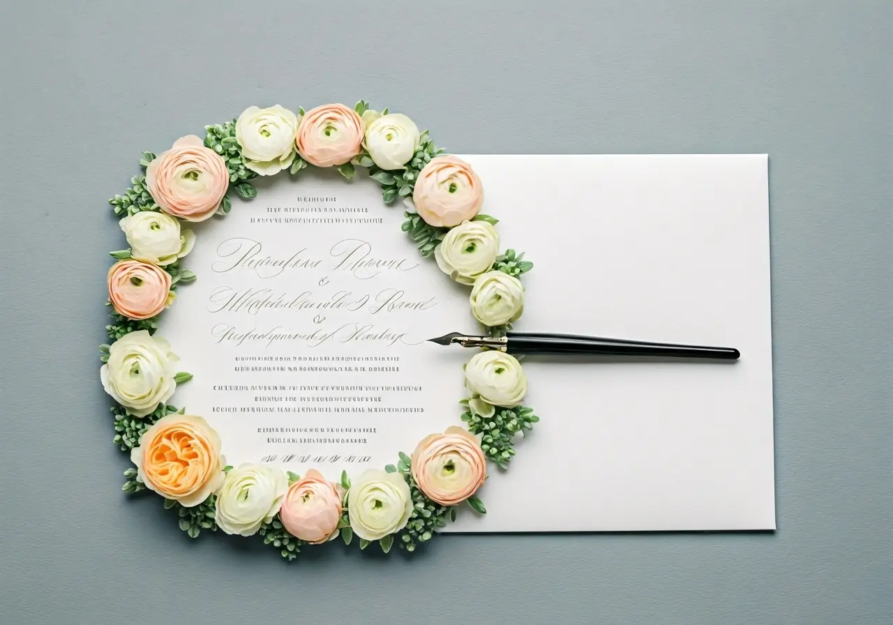 Elegant wedding invitation with floral embellishments and calligraphy pen. 35mm stock photo