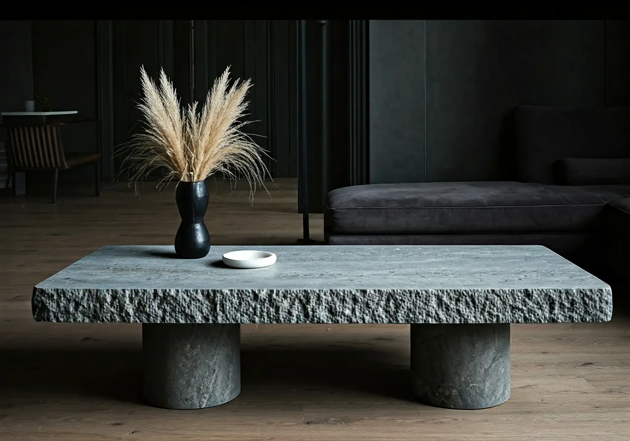 Sleek, minimalist stone table in a modern living room. 35mm stock photo