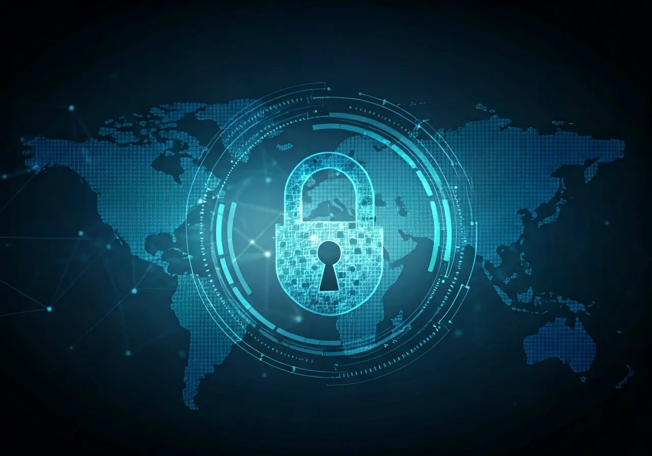 A locked digital padlock symbol over a global network background. 35mm stock photo