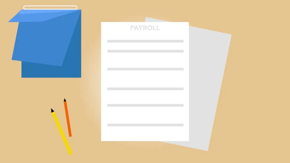 Top view of a payroll document on a desk with pencils and folders, ideal for finance themes.