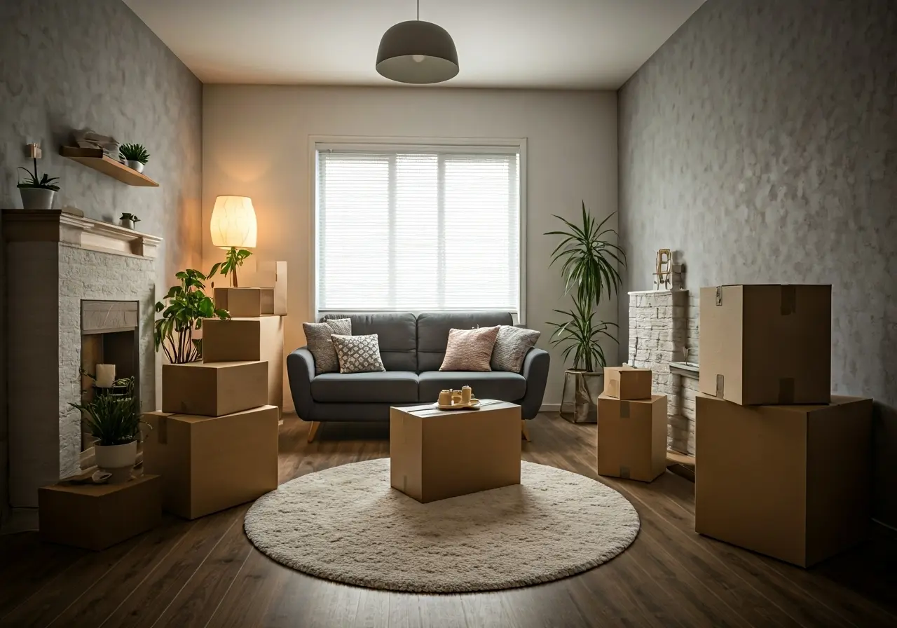 A cozy living room with moving boxes around. 35mm stock photo