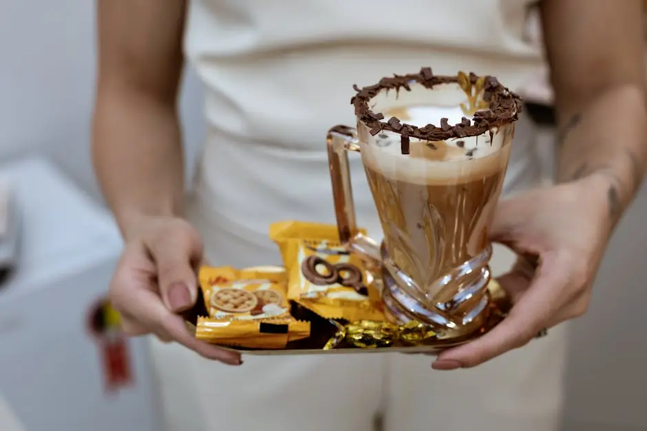 Elegant coffee presentation with chocolate rim and snacks in Belo Horizonte, Brazil.