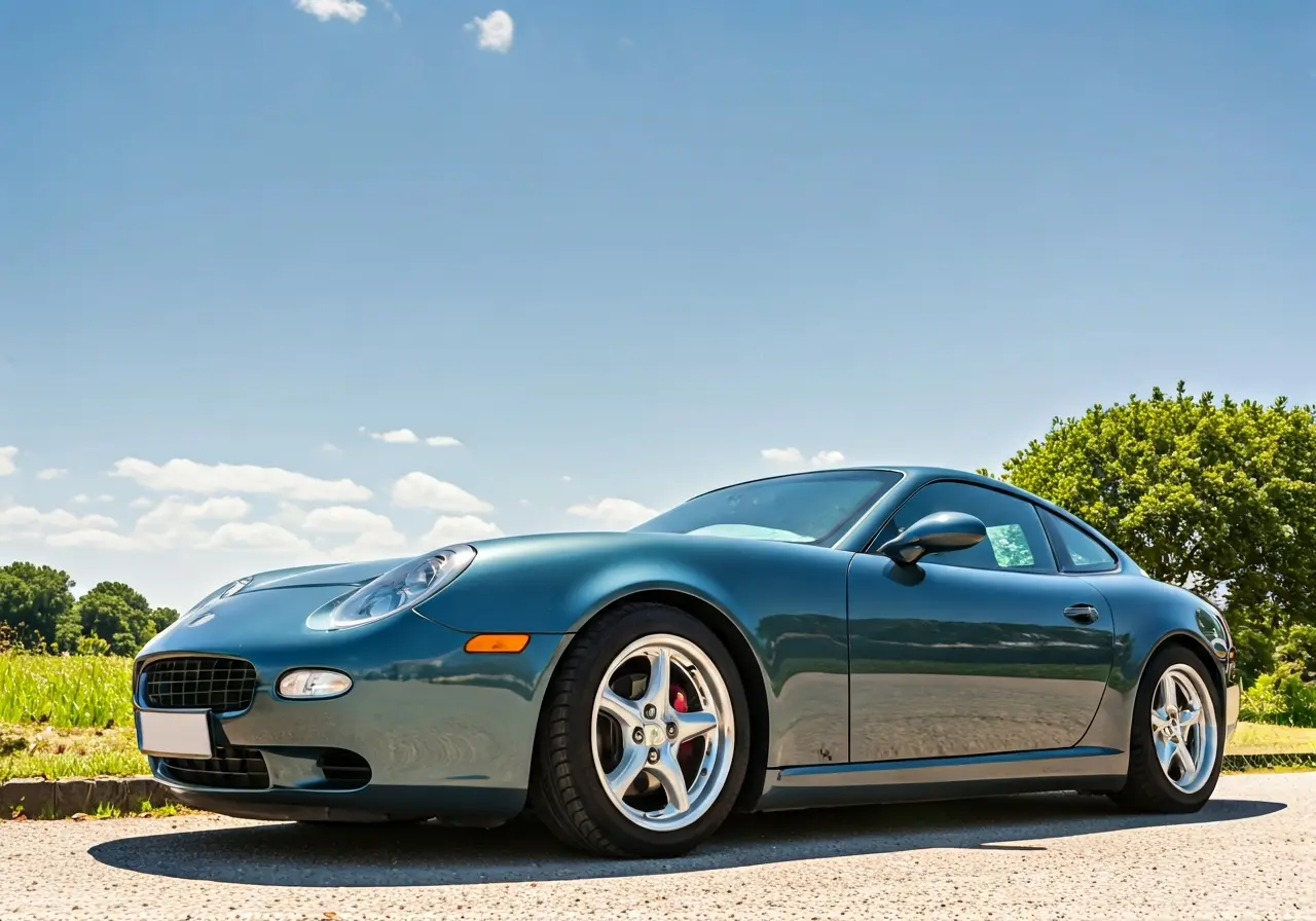 A shiny, polished car reflecting sunlight with a clear sky. 35mm stock photo